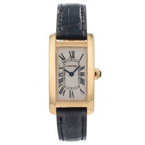 Cartier Ladies Watch Tank American 1710  White Roman Dial Black Strap Band